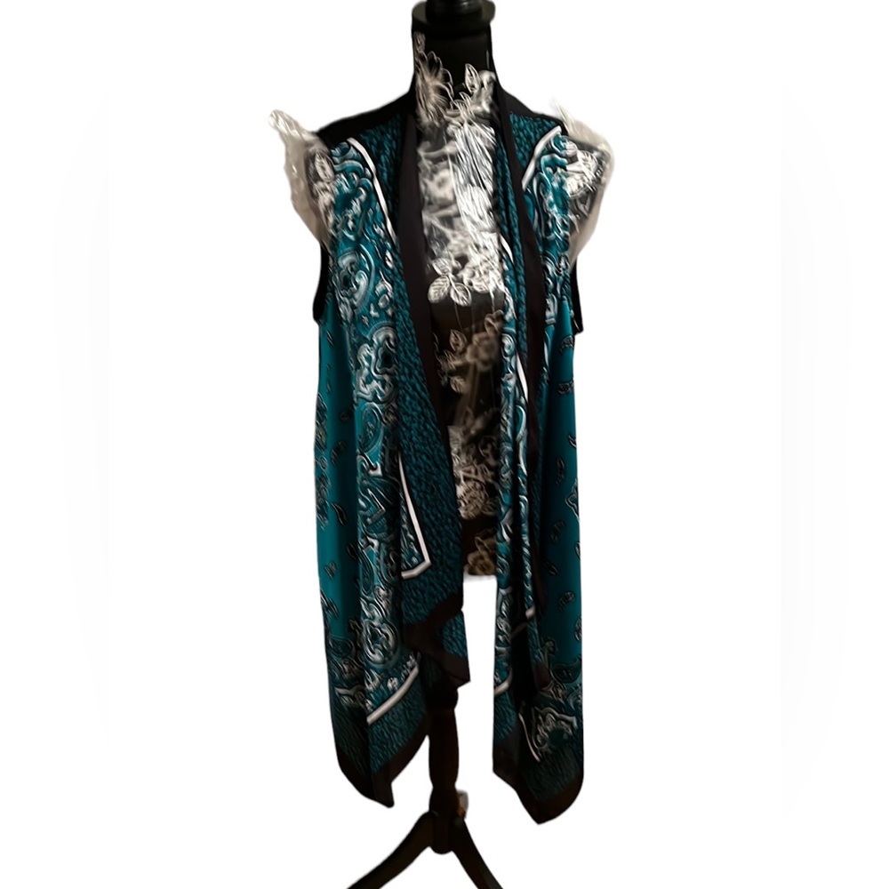Michael Kors black & teal silk vest paisley print waterfall front size LG-XL
